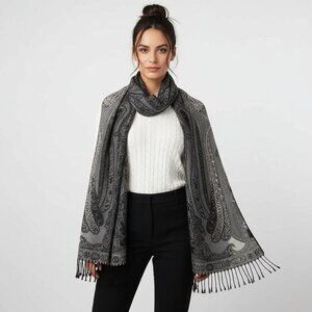 Collection 18 Eighteen Gray & Black Rectangular Scroll Print Tassel Scarve